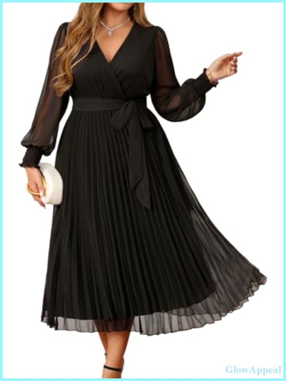 Plus Size Chiffon Midi Dress Wrap V-Neck Pleated Formal Wedding Guest